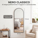 Specchio da Parete e Porta ad Arco 40x110 cm con Ganci e Cornice in Lega di Alluminio e Vetro Temperato Nero      