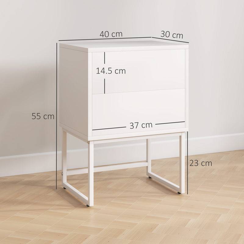 Comodino Moderno a 2 Cassetti con Apertura a Pressione 40x30x50 cm in MDF e Acciaio Bianco  