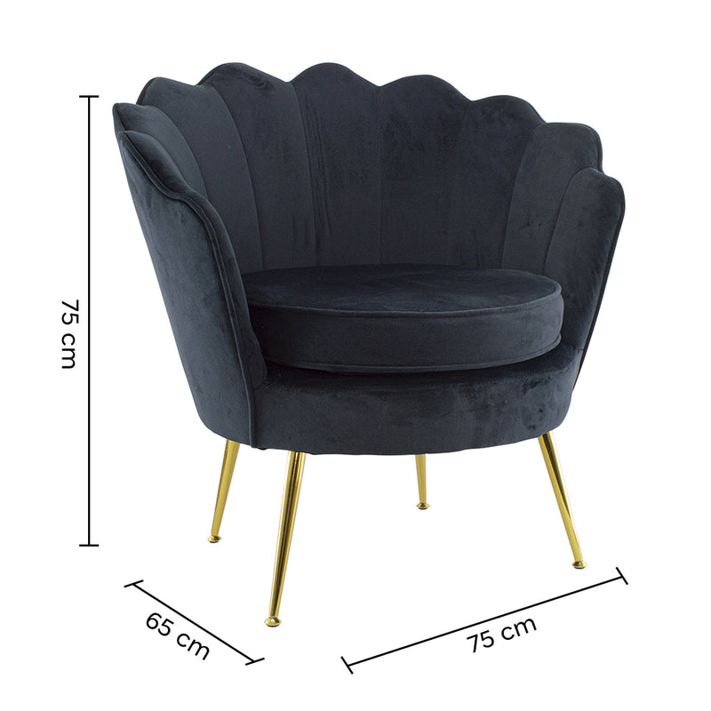 Poltrona Imbottita Schienale a Conchiglia in Velluto Piedi Oro Nero