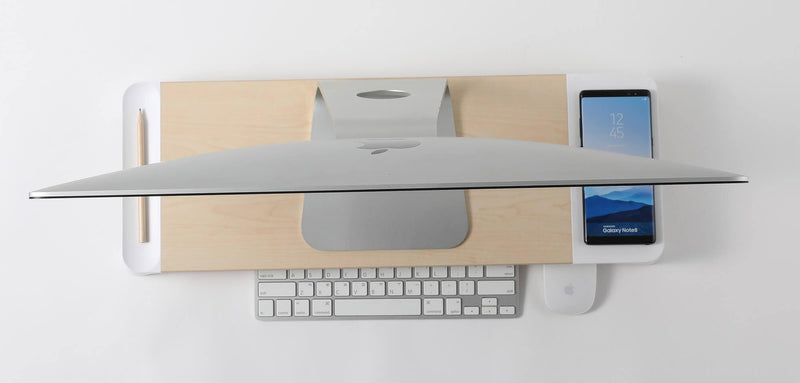 Supporto Monitor da Scrivania 56x20x5,7 cm con Base di Ricarica Wireless in MDF e Plastica Bianco