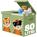 Box Contenitore per Giocattoli 62,5x31,5x40 cm Pieghevole Doppio Scomparto 80L Design Animali in Tessuto Oxford Verde     