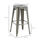 Set 4 Sgabelli Bar Impilabili con Poggiapiedi Stile Industriale 43x43x76 cm in Acciaio Argento      