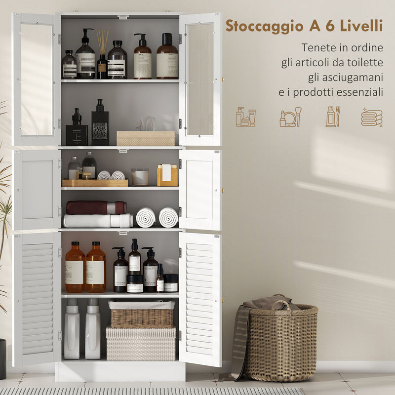 Mobile Bagno 60x30x170 cm con 3 Armadietti a 2 Ante in Vetro e Legno  Bianco      