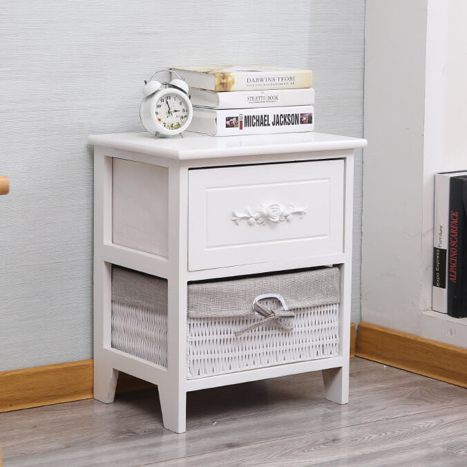 Comodino con 2 Cassetti 40x30x48 cm in Legno Massello Fumer Carol Bianco