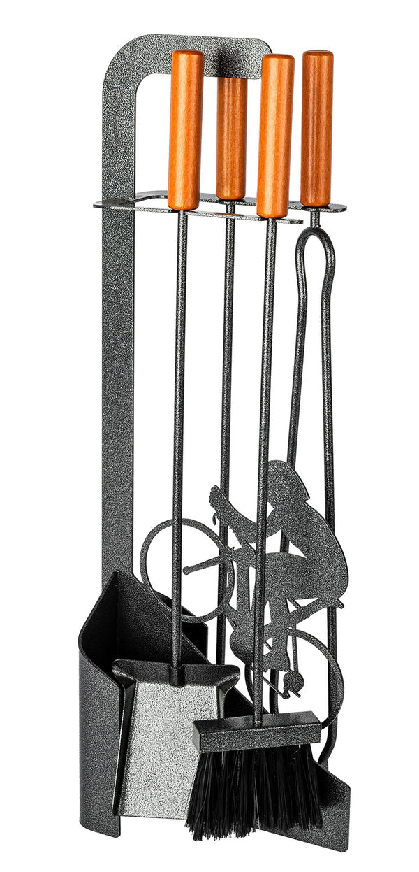 Trespolo per Attrezzi Camino Sagoma Ciclista con Paletta Scopino Attizzino e Pinza 15,6x23,5x65 cm in Ferro e Legno Grigio Martellato