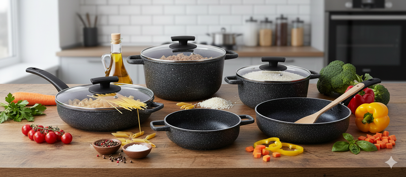 Batteria di Pentole 9 Pezzi in Alluminio Pressofuso Antiaderente Olympia Hard Cook