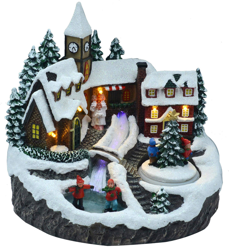 Villaggio Natalizio in Resina Chiesa e Ruscello con Luci e Suoni 22,5x18,5xh21 cm