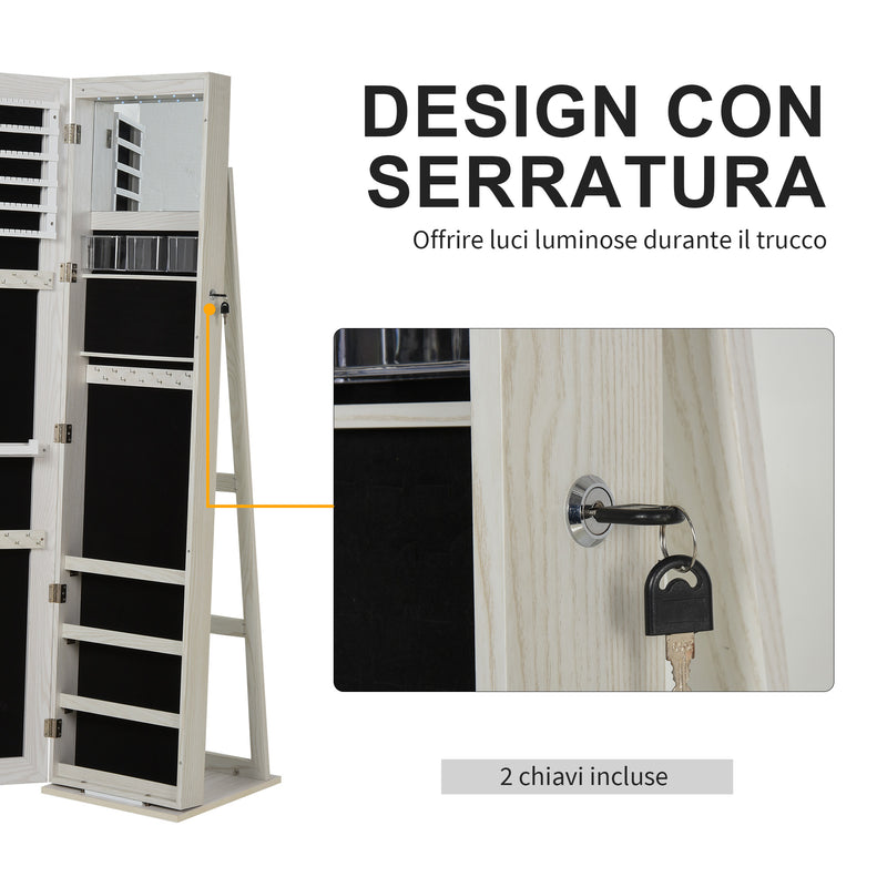 Specchio Portagioie da Terra a LED 15x15x61,75 cm con 4 Scaffali Struttura in Legno Bianco  