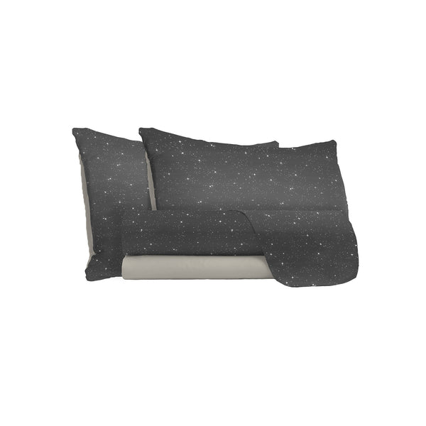 Bettwäsche-Set mit Aufdruck oben und unten und grauen Kissenbezügen mit Sternen, verschiedene Größen sconto