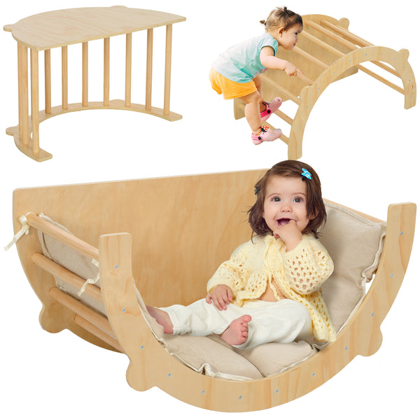 prezzo Arco Montessoriano 3 in 1 per Bambini da 18-48 Mesi Arrampicata Tavolino e Dondolo con Cuscino in Pino Color Legno