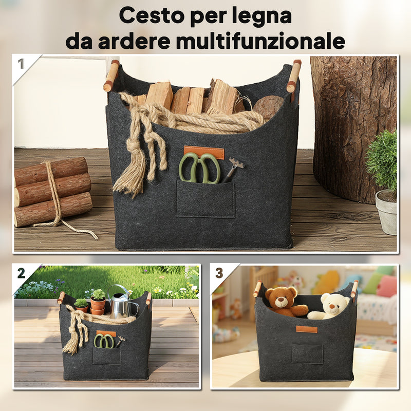Borsa Portalegna da Interno con Manici in Legno 45x32x40 cm in Feltro Grigio Scuro       