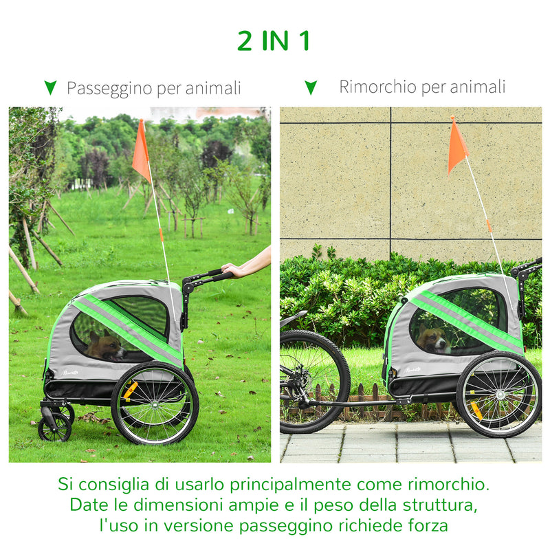 Carrellino Rimorchio per Cani e Animali Domestici da Bicicletta  in Acciaio e Tessuto Oxford Verde