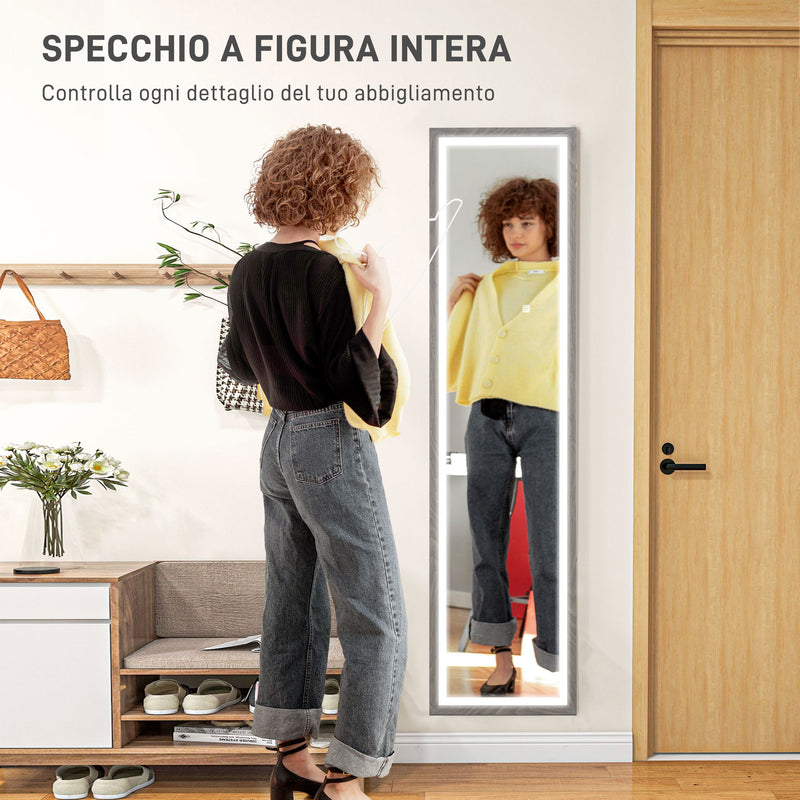 Specchio con Luci LED Regolabili e Pulsante Touch 40x5x160 cm in Vetro e MDF Grigio  