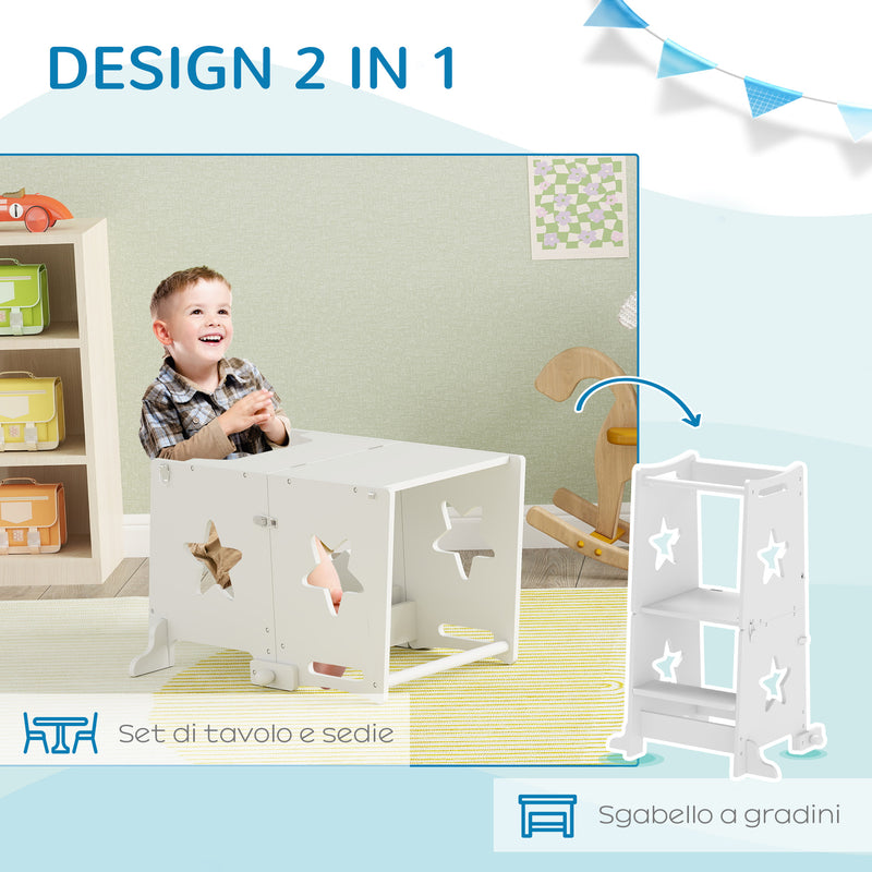 Torre Montessoriana Scala Convertibile in Tavolo con Sedia 60x44,5x86 cm in Legno Bianco 
