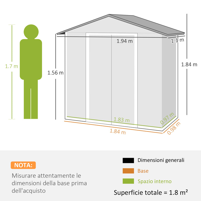 Casetta Box da Giardino con Doppia Porta Scorrevole 4 Prese d'Aria 194x110x184 cm in Acciaio Zincato Grigio 