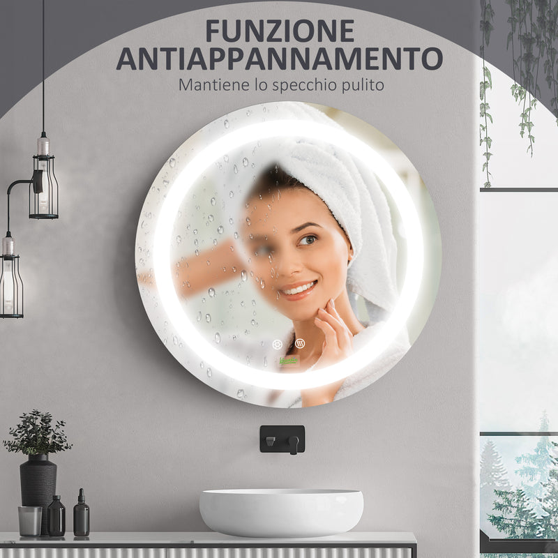 Specchio Bagno Rotondo 50cm Luce LED Regolabile Funzione Anti Appannamento   