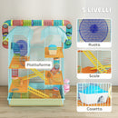 Gabbia per Criceti a 5 Piani 47x30x59 cm con Tubi Colorati e Accessori in Metallo Azzurro  