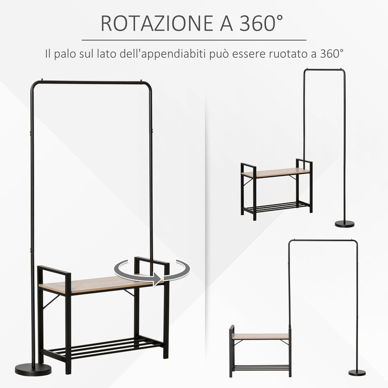 Appendiabiti Panchina per Ingresso 91x30x158 cm con Scarpiera in Legno e Metallo Nero