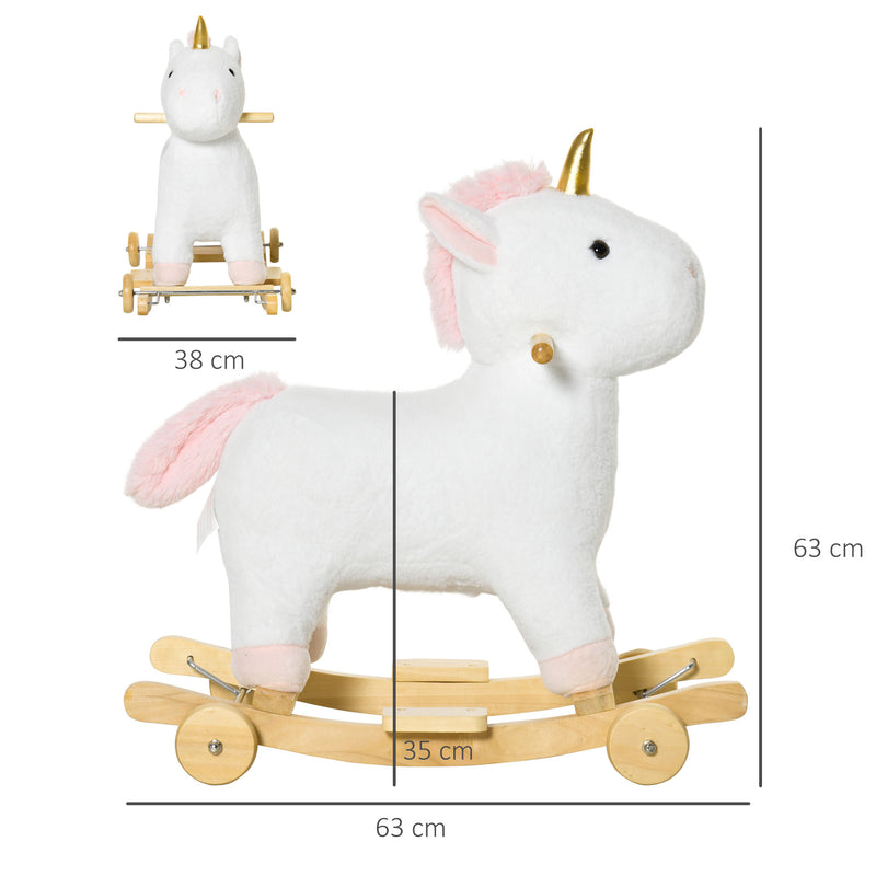 Cavallo a Dondolo Unicorno per Bambini in Legno e Peluche Unicorno Bianco
