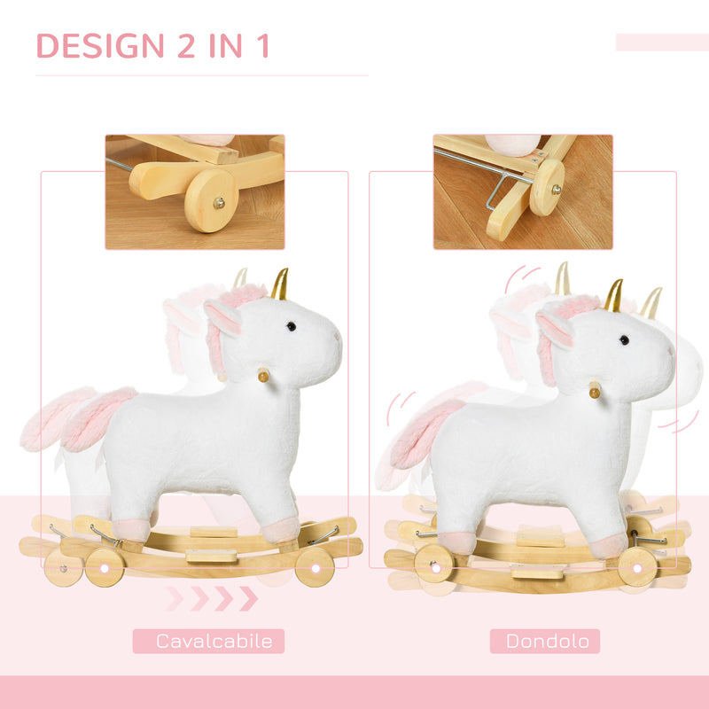 Cavallo a Dondolo Unicorno per Bambini in Legno e Peluche Unicorno Bianco