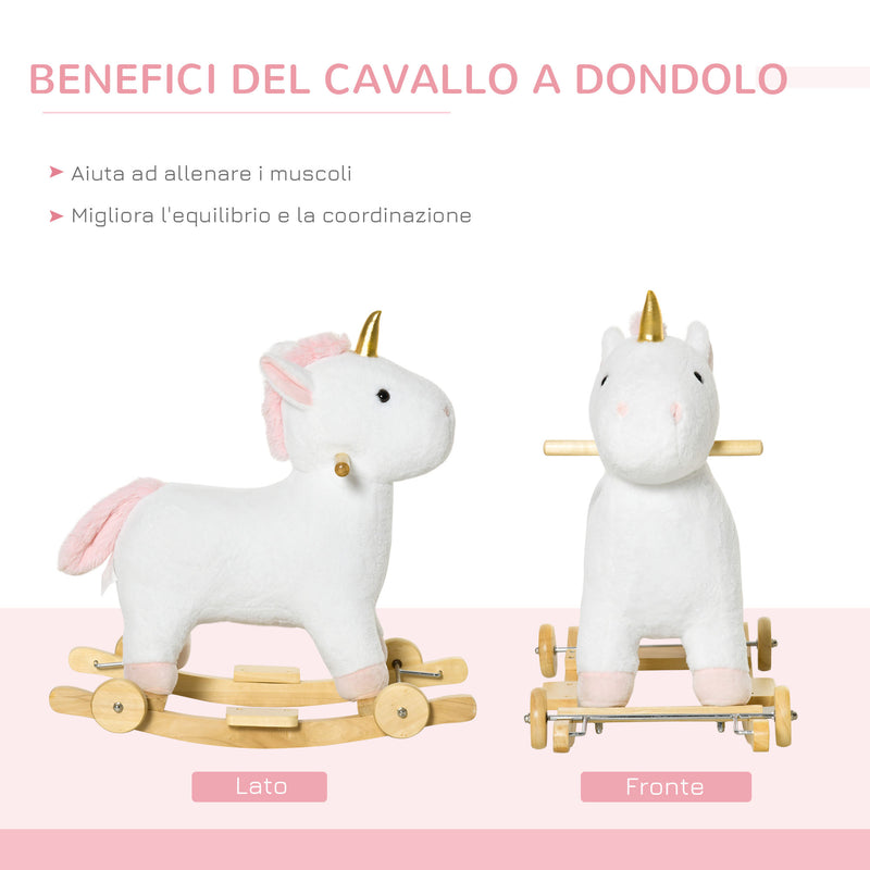 Cavallo a Dondolo Unicorno per Bambini in Legno e Peluche Unicorno Bianco