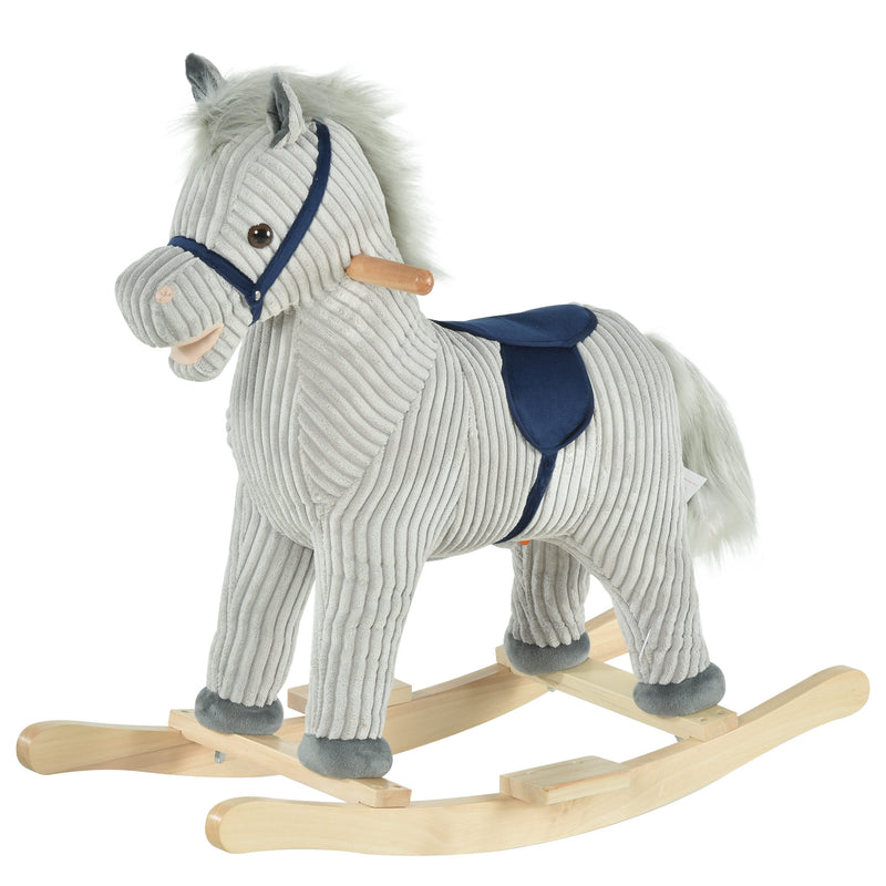 Cavallo a Dondolo per Bambini in Legno e Peluche Grigio
