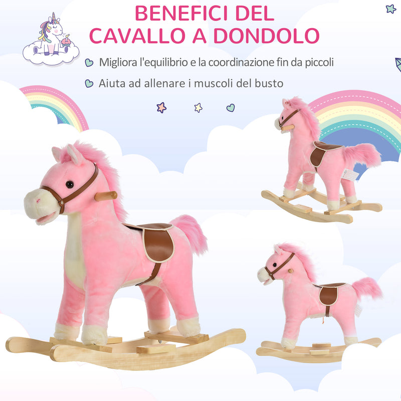 Cavallo a Dondolo per Bambini in Legno e Peluche Rosa