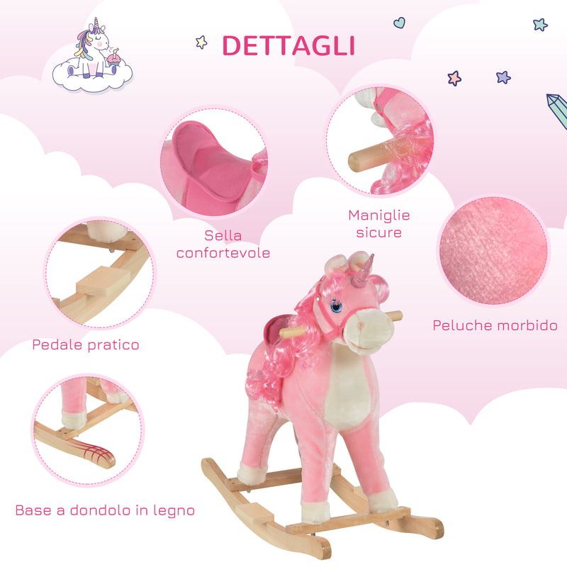 Cavallo a Dondolo Unicorno per Bambini in Legno e Peluche Unicorno Rosa