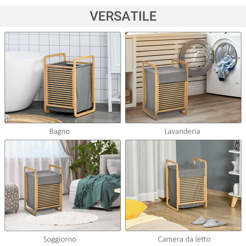 Cesto Portabiancheria 40x35,5x60,5 cm Sacco Rimovibile in Bambù e Tessuto Grigio