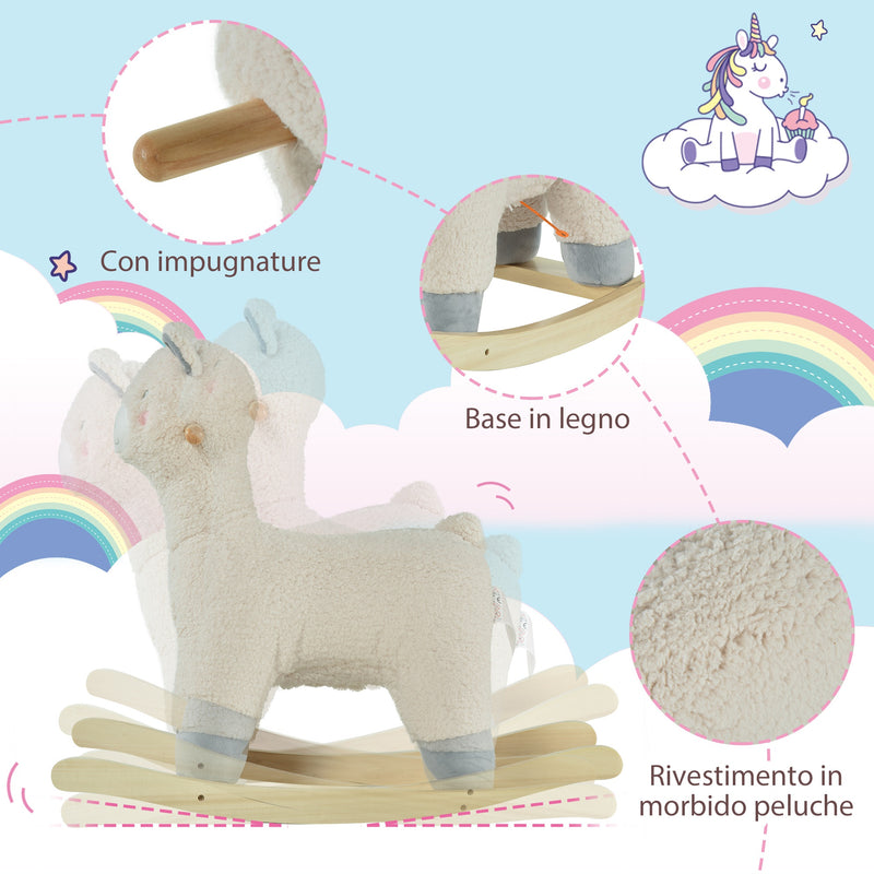Cavallo a Dondolo per Bambini in Legno e Peluche Alpaca Crema