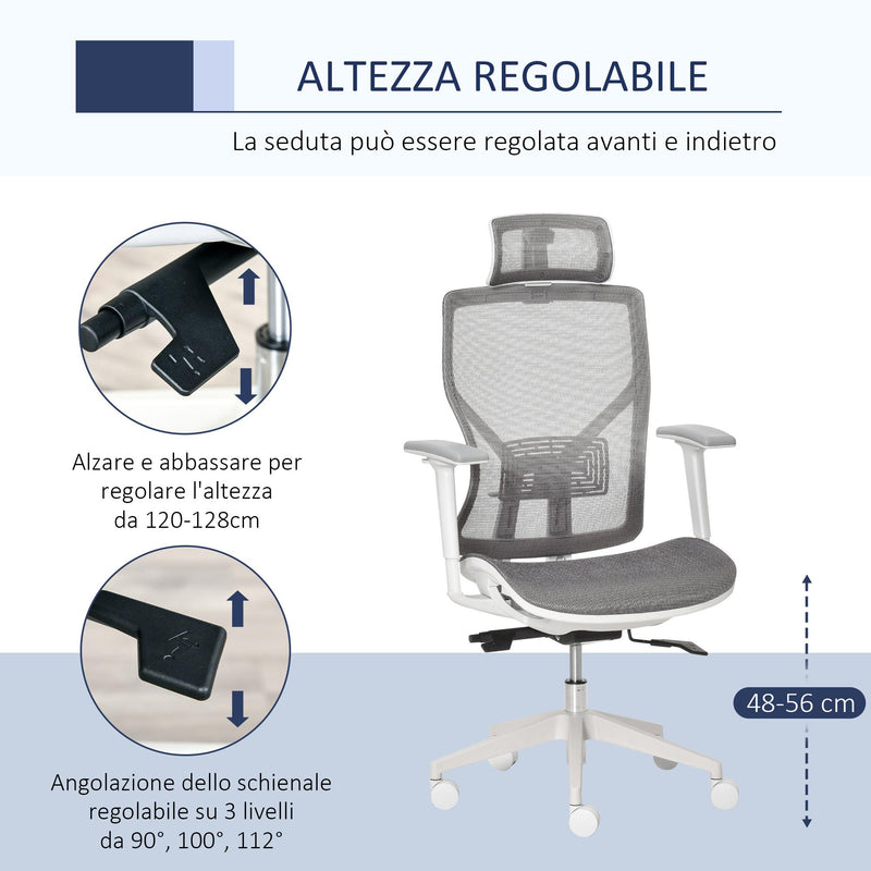 Sedia Poltrona Direzionale da Ufficio 67x65x120-128 cm in Tessuto a Rete Grigio