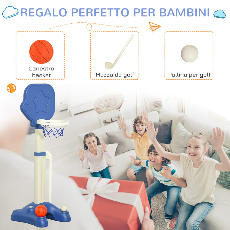 Canestro da Basket e Set Golf per Bambini con Altezza Regolabile Bianco e Blu
