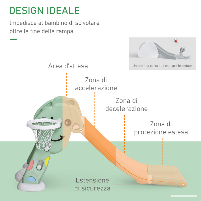 Scivolo per Bambini 146x68x68 cm con Canestro e Pallone Basket Verde e Bianco