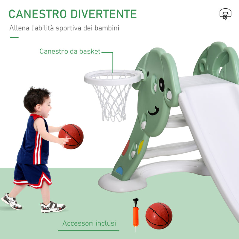 Scivolo per Bambini 146x68x68 cm con Canestro e Pallone Basket Verde e Bianco