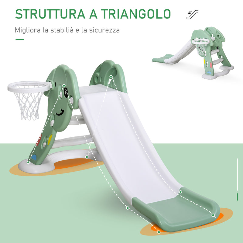 Scivolo per Bambini 146x68x68 cm con Canestro e Pallone Basket Verde e Bianco