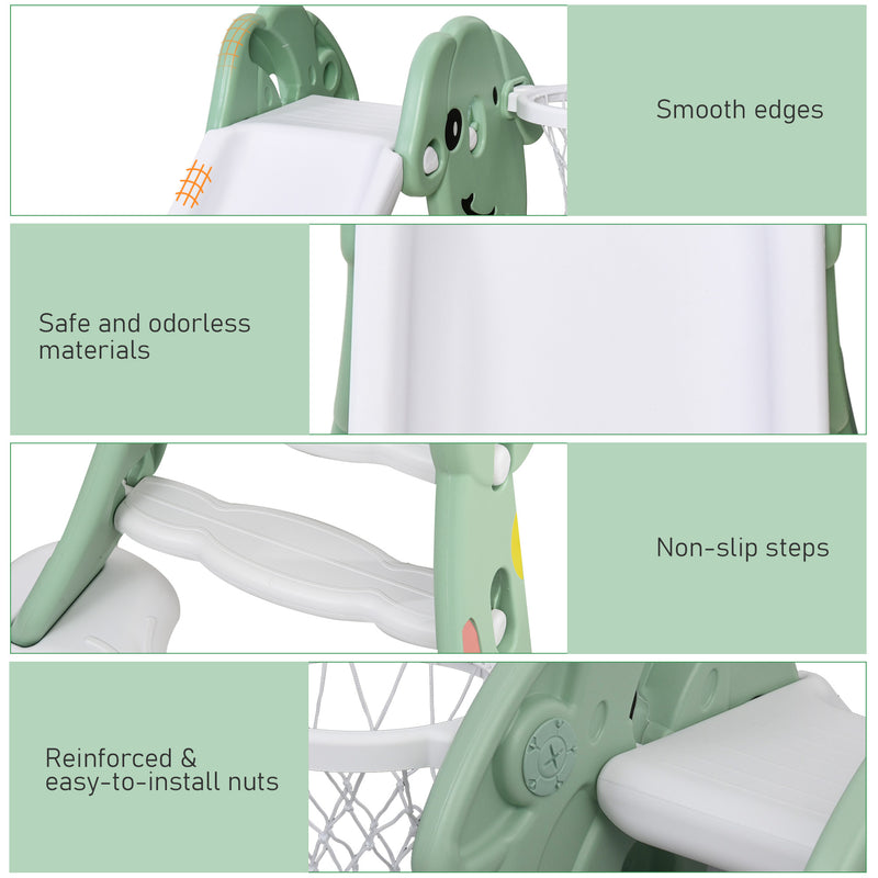 Scivolo per Bambini 146x68x68 cm con Canestro e Pallone Basket Verde e Bianco