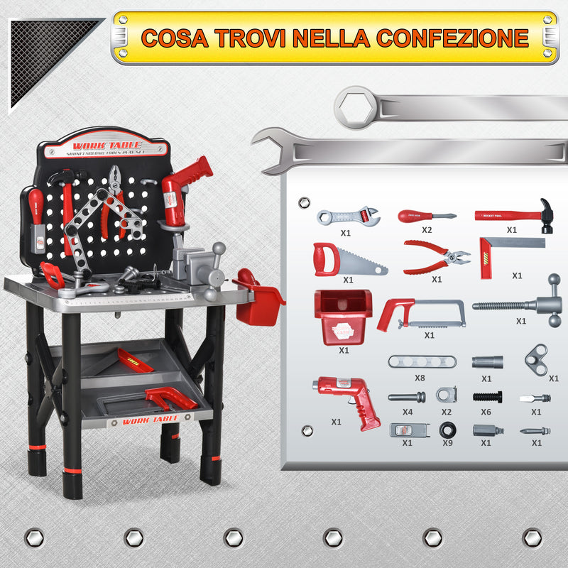 Banco di Lavoro con 50 Attrezzi per Bambini Nero e Grigio