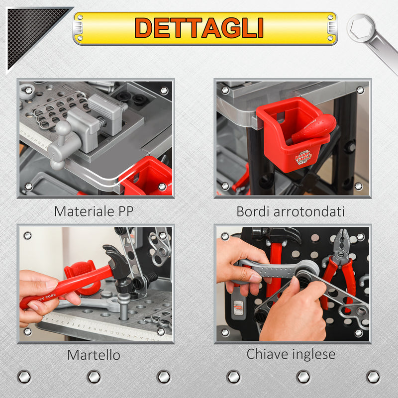 Banco di Lavoro con 50 Attrezzi per Bambini Nero e Grigio