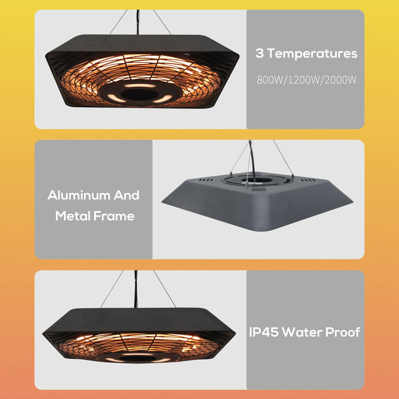 Stufa Alogena a Sospensione 45x45x10 cm 2000W con Luce LED e Telecomando Nera