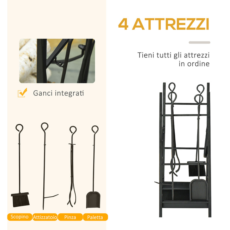 Portalegna per Camino 44,5x29,5x73 cm con Accessori in Metallo Nero
