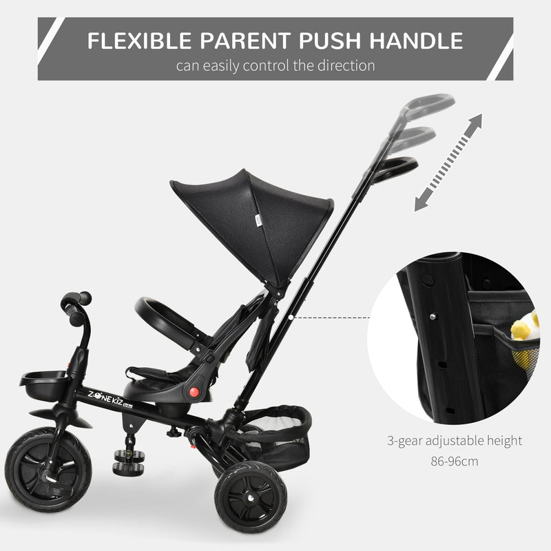 Passeggino Triciclo per Bambini Pieghevole con Seggiolino Reversibile Nero