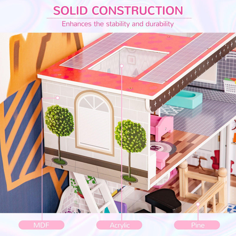 Casa delle Bambole a 3 Piani 60x30x80 cm in Legno Rosa