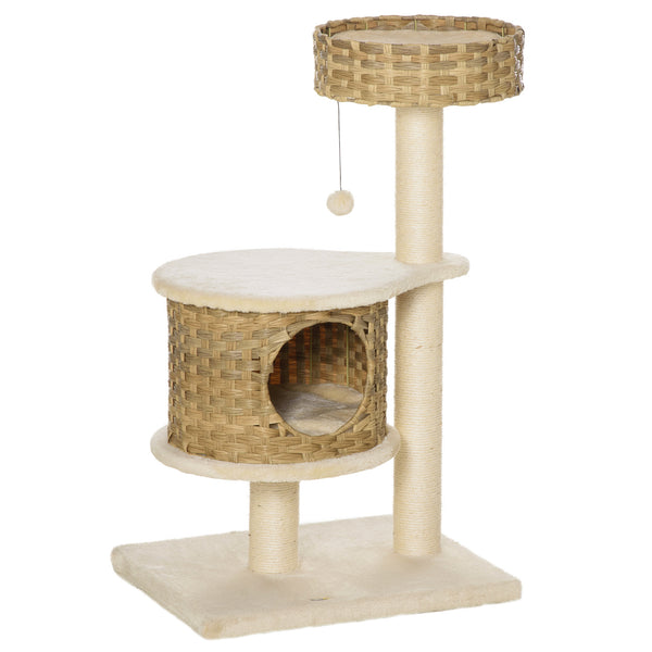 sconto Kratzbaum für Katzen 55 x 47 x 95 cm aus Rattan und beigen Sisalpfosten