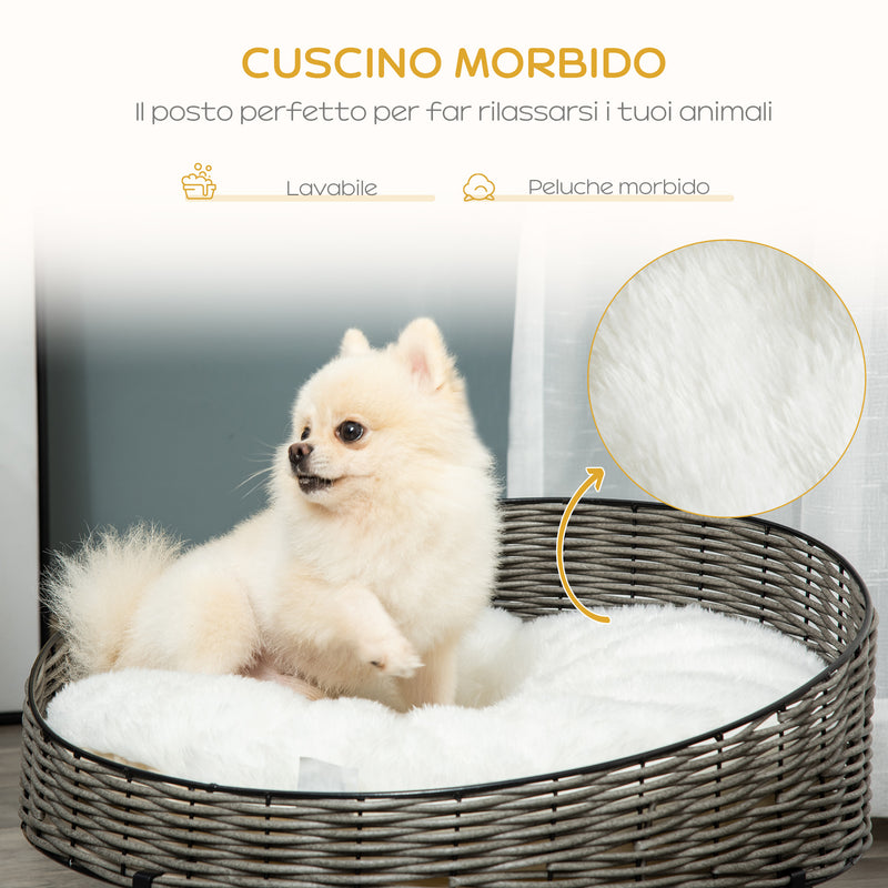 Cuccia per Cani e Gatti Rialzata Ø60x32 cm in Rattan Grigio Scuro
