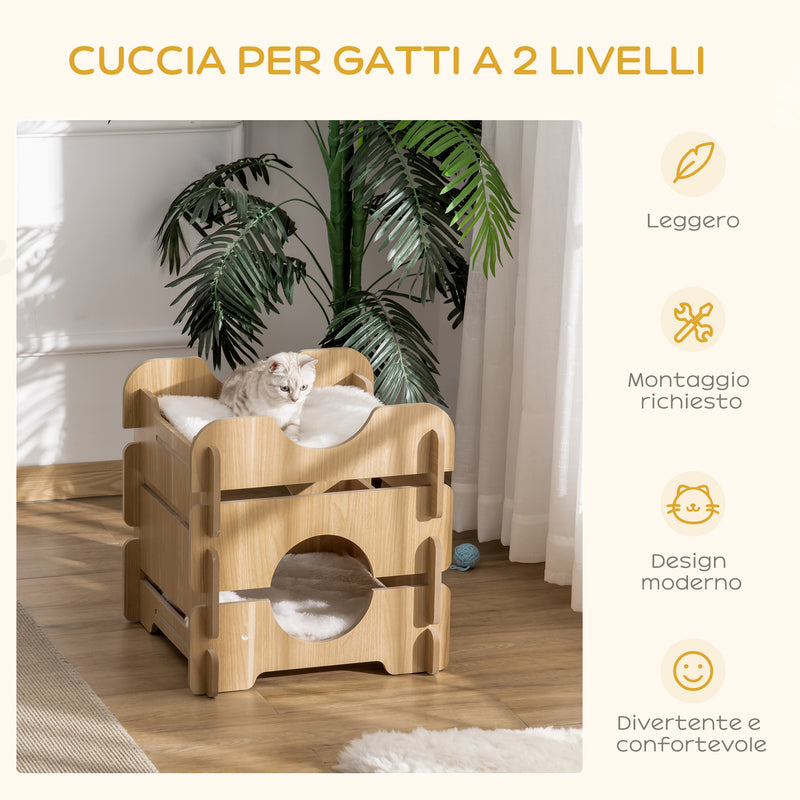 Cuccia per Gatti 50x50x50 cm 2 Piani con Cuscini in Legno Rovere