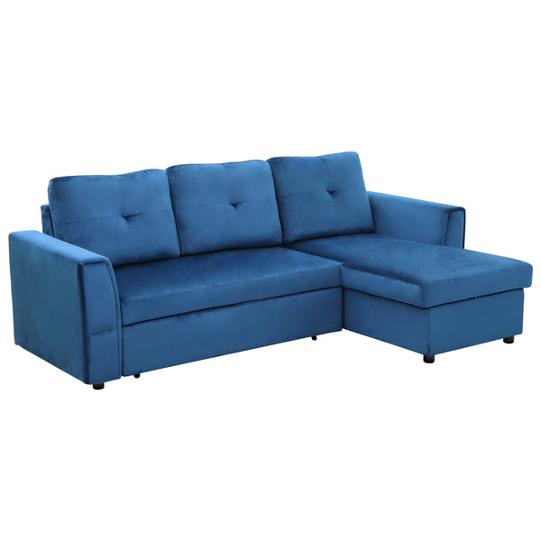 acquista 3-Sitzer-Schlafsofa mit Chaiselongue-Behälter 232 x 141 x 85 cm in blauem Stoff in Leinenoptik