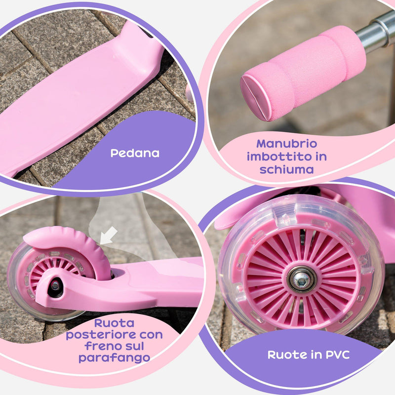 Monopattino Pieghevole 3 Ruote per Bambini 54,7x32,5x59-69 cm in Metallo e Alluminio Rosa