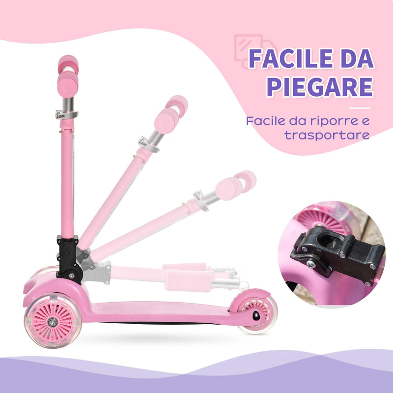 Monopattino Pieghevole 3 Ruote per Bambini 54,7x32,5x59-69 cm in Metallo e Alluminio Rosa