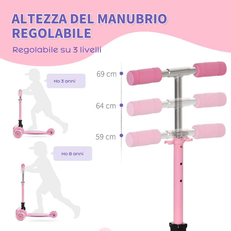 Monopattino Pieghevole 3 Ruote per Bambini 54,7x32,5x59-69 cm in Metallo e Alluminio Rosa