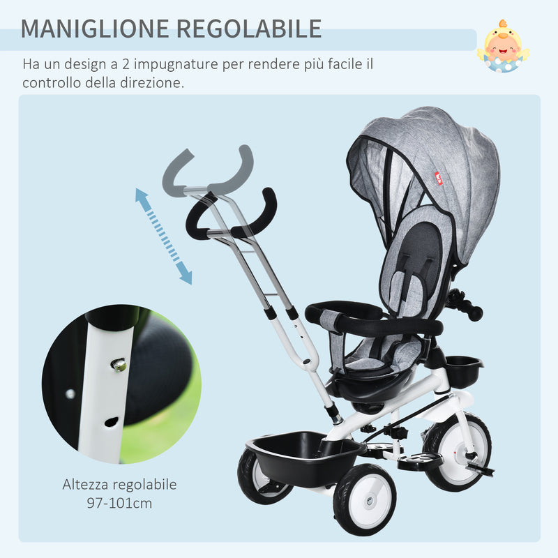 Passeggino Triciclo 100x48x106 cm con Sedile Girevole 360° Grigio